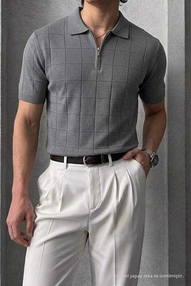 Men's Striped Relax Fit Knitwear Smoked Polo Neck t Shirt