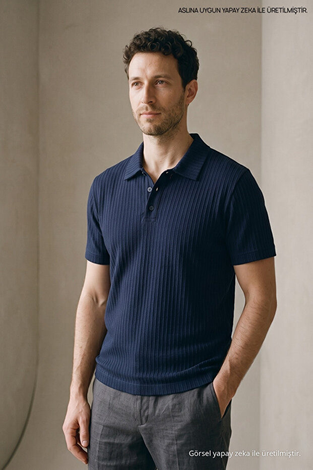 Men's Self-Striped Comfortable Navy Blue Polo Collar T-Shirt