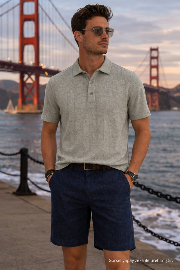 Men's Patterned Premium Green Linen Polo Neck T-Shirt