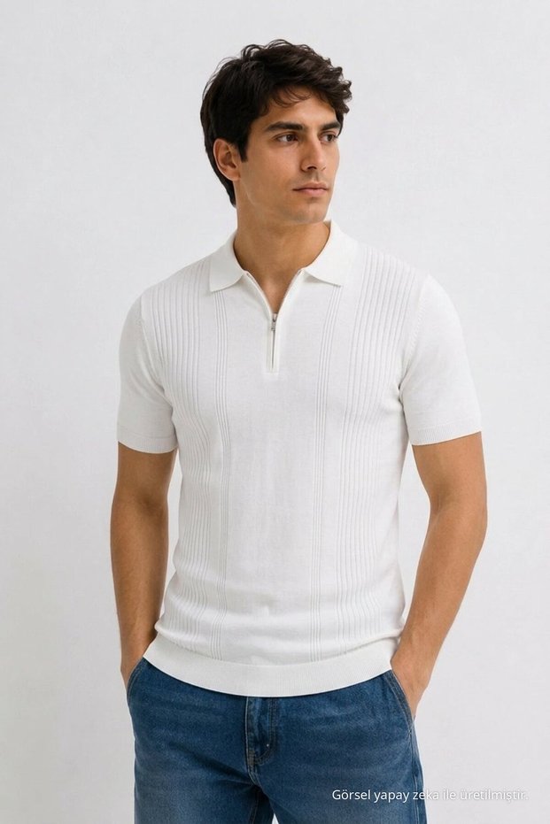 Men's Trend White Polo Collar Zippered Knitwear T-Shirt