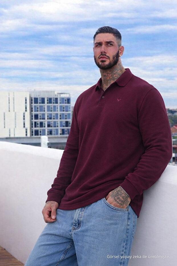 Men's Large Size Burgundy Polo Long Sleeve T-Shirt