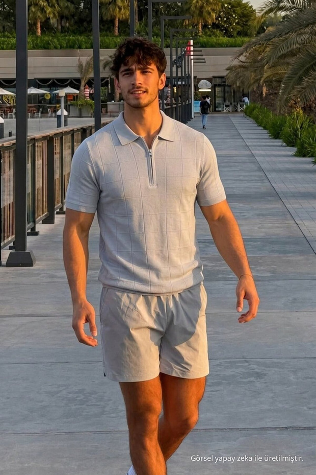 Men's Patterned Casual Knitwear Gray Polo Neck t Shirt