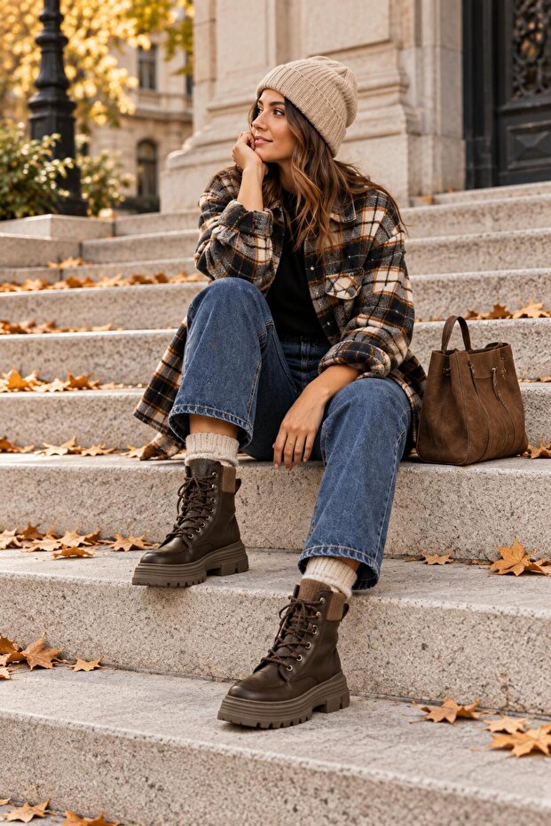 Norivina Brown Women's New Season Flat Lace-Up Elastic Daily Comfortable Fit Boots