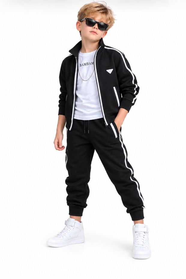 Boy's 5-14 Years Old Black Pique Fabric 3-Piece Tracksuit Set Bottom Top Set 60334