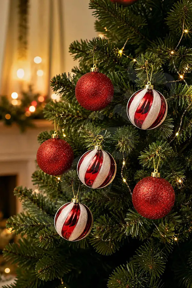 Christmas Tree Ornament Red White Cici Ball 8 cm Set of 6
