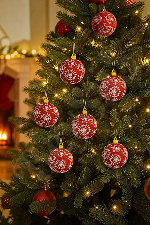 Christmas Tree Ornament Wooden Red Snowflake Set of 6
