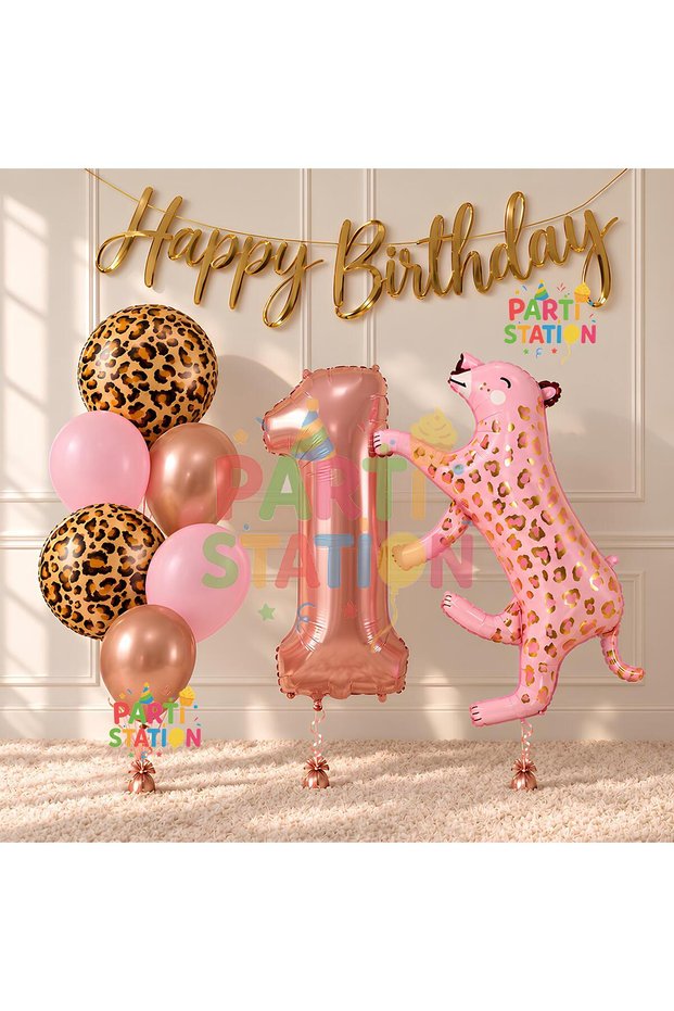 Pink Leopard 1 Year Old Balloon Set Safari Leopard Birthday Party Balloon Set Pink Panther Jungle Balloon Set