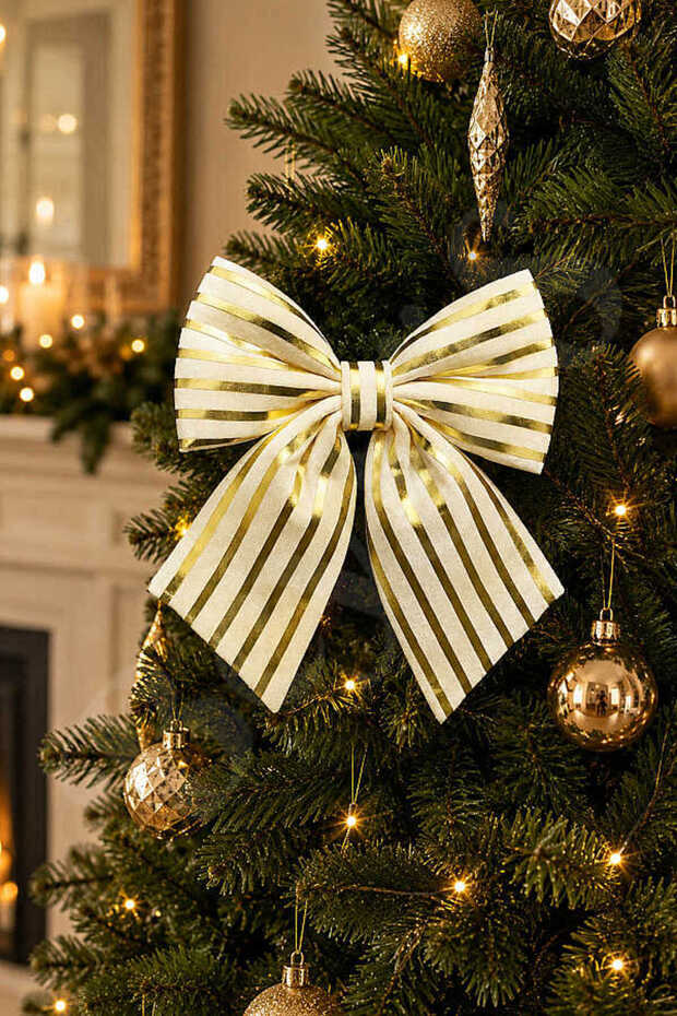 Christmas Tree Ornament 26 cm Cream Gold Striped Decorative Bow