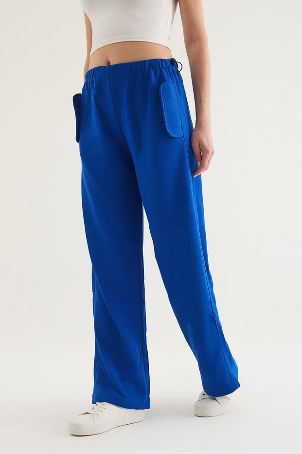 Navy Blue Cotton Blend Pants with Elastic Waist, Comfortable Cut, Flap Pockets and Detailed Design