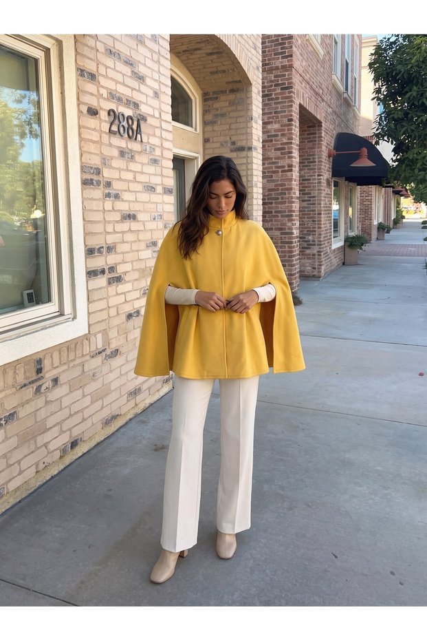 Yellow Cashmere Fabric High Collar Practical Cut Wide Form Poncho with Single Button and Belt Detail