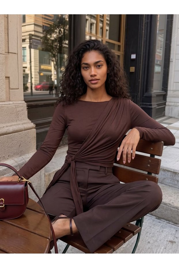 Brown Stretchy Textured Long Sleeve Boat Neck Blouse with Cape Detail