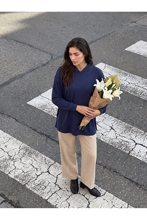 Navy Blue Stretchy Modal Fabric Hooded Collar Oversize Tunic with Side Ties and Comfortable Fit