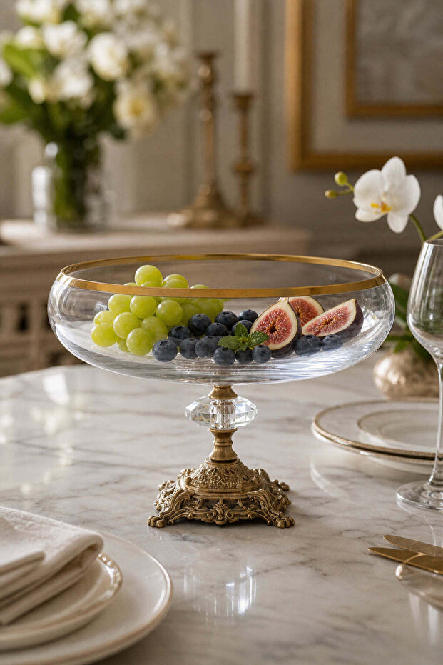 Handmade Crystal Gold Detail Transparent Decorative Footed Presentation Bowl