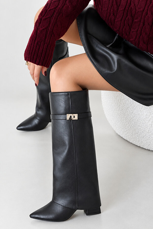 Dust Tozluk Detailed Metal Buckle Heeled Below the Knee Pointed Toe Matte Leather Women's Boots Black Leather