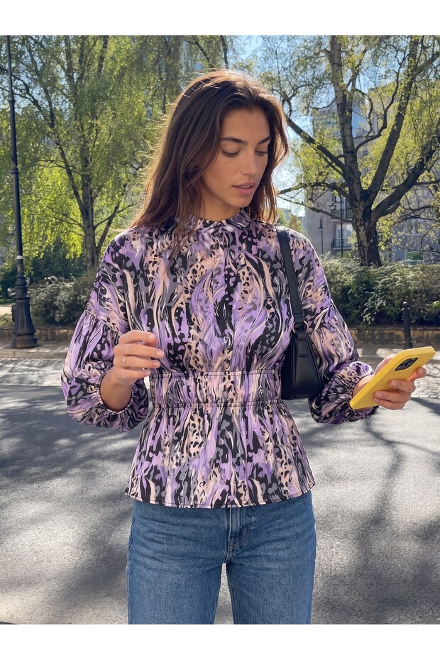 Purple Satin Stretchy Textured Long Sleeve Shirt with Elastic Waist and Patterned Comfortable Fit