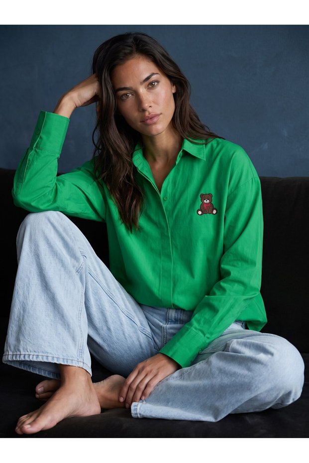 Green Cotton Blend Shirt Collar Drop Shoulder Oversized Teddy Bear Embroidered Long Sleeve Shirt
