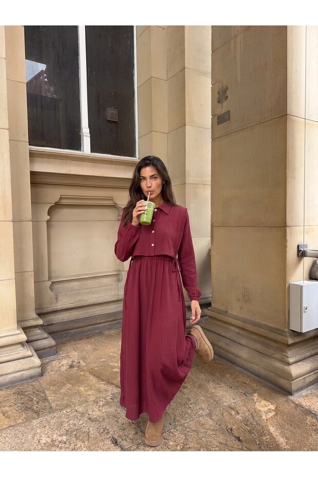 Burgundy Woven Fabric Shirt Collar Waist Gathered Detailed Comfortable Fit Long Sleeve Dress