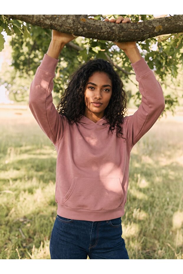 Pink Three-Threaded Ribbed Long Sleeve Comfortable Fit Hooded Sweatshirt with Kangaroo Pocket
