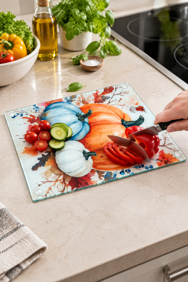 Glass Cutting Board Unbreakable Tempered 25X35 cm Decorative Pumpkin Patterned Non-Slip