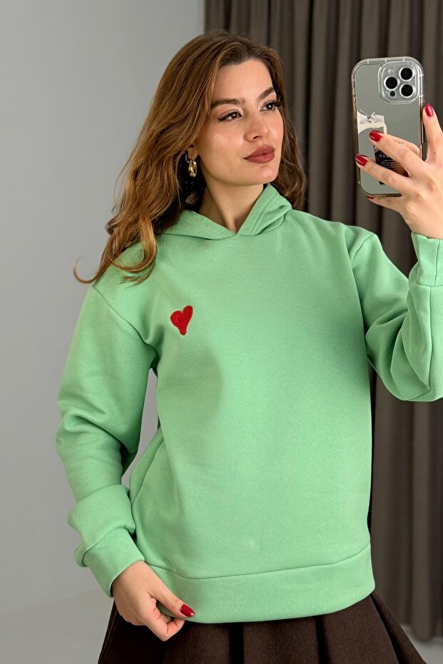 Water Green Three Threaded Threaded Heart Embroidered Kangaroo Pocket Hooded Long Sleeve Sweatshirt