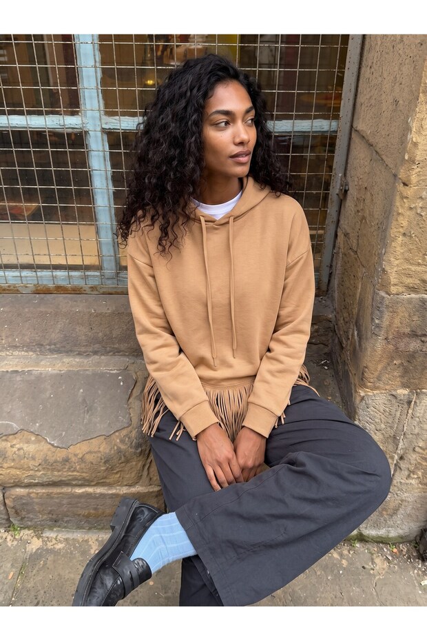 Mink Long Sleeve Off-Shoulder Hooded Sweatshirt with Rope Fringe Detail and Relaxed Fit