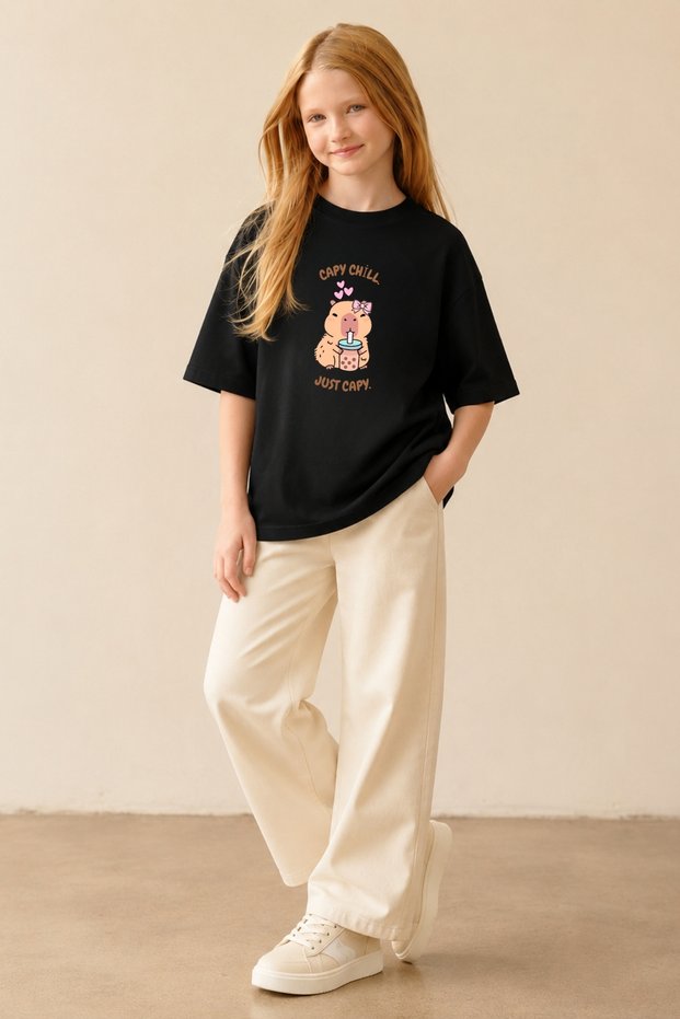 Girl's Oversize T-Shirt Cozy Mood Printed Black – Crew Neck, Comfortable Fit, 100% Cotton