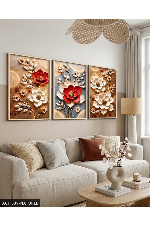 Red White Flower 3 Piece Wooden Framed Painting Act