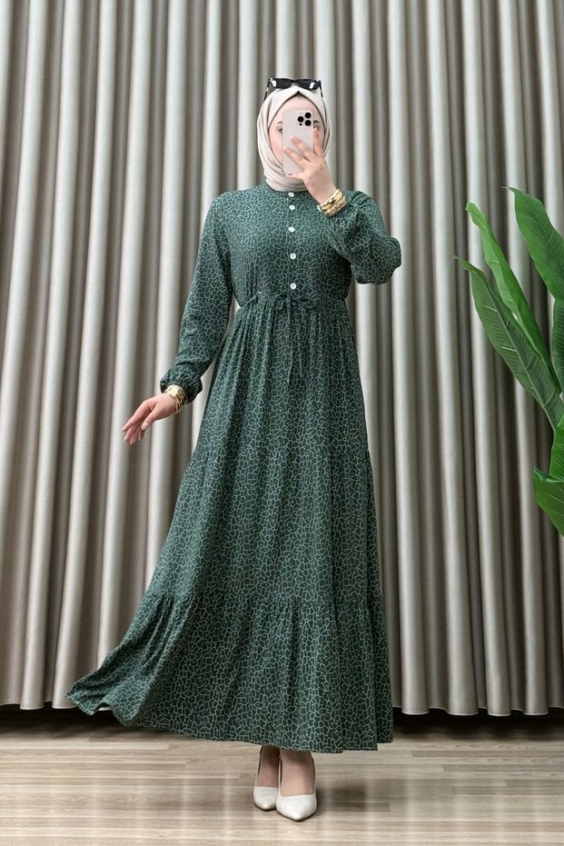 Semra Dress Viscose Printed Fabric Women's Green Hijab Dress with Openable Collar, Buttons and Tieable Waist