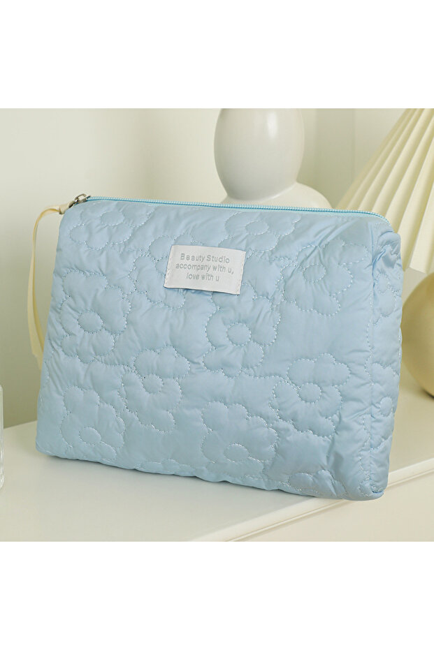 LIGHT BLUE Quilting Flower Large-Capacity Cosmetic Bag Waterproof Portable Storage Bag Travel Makeup
