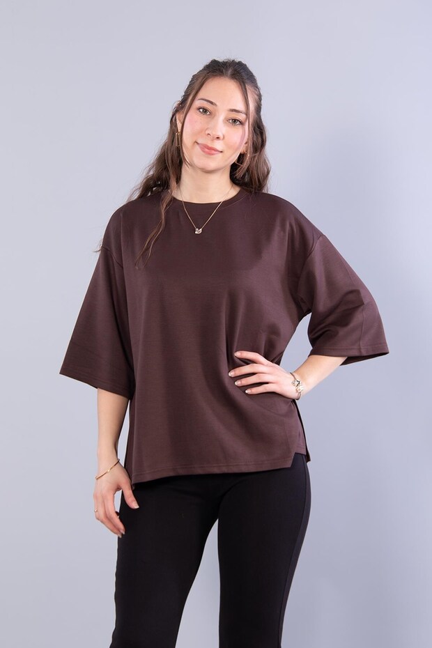 11066 side slit modal fabric loose o-neck t-shirt