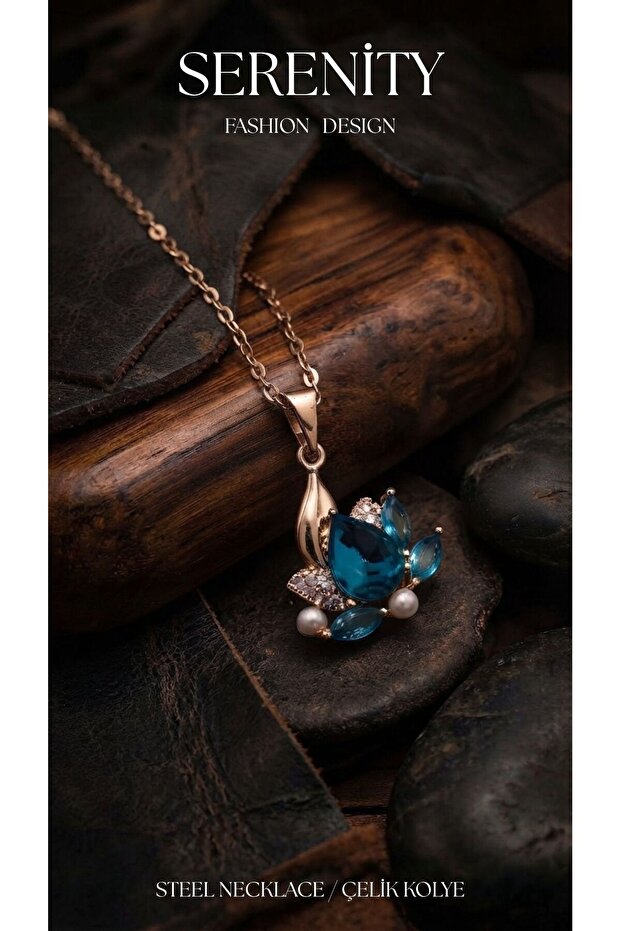 Blue Zircon Stone Lotus Steel Necklace