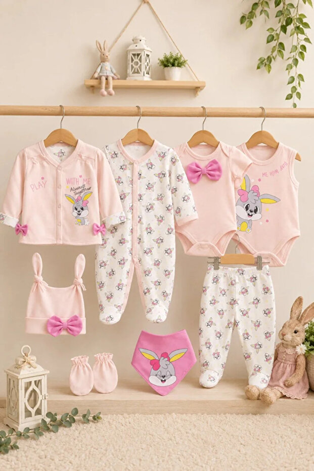 Baby Girl Rabbit Patterned Bow Detailed 8-Piece Hospital Discharge Bodysuit Set 100% Cotton
