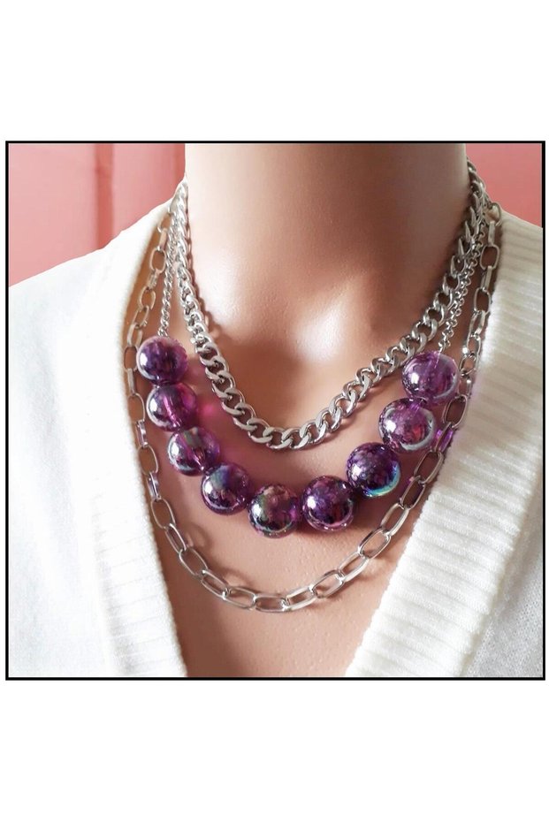 Silver Color Chain Women's Multiple Purple Bead Necklace