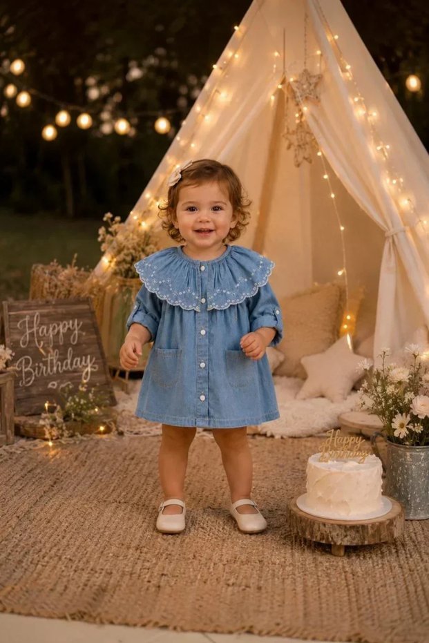 Baby Girl Floral Embroidered Wide Collar Denim Dress