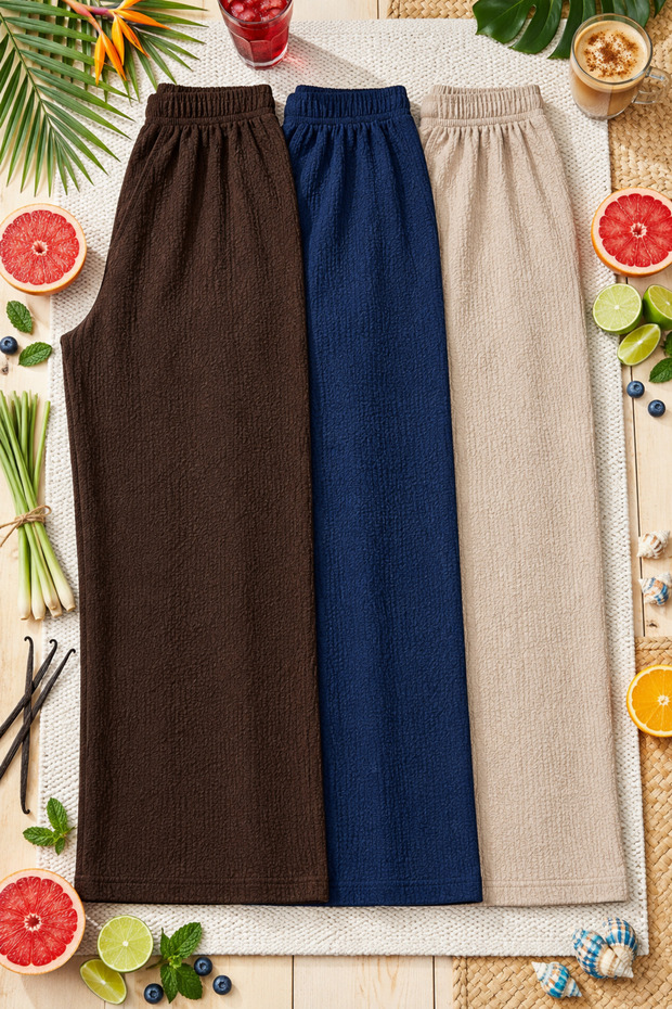 Women's 3-Piece Waffle Fabric Pants Set Navy Brown Beige Elastic Waist Pyjama Bottoms