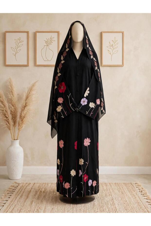 Elegant Black Floral Embroidered Abaya with Matching Sheila