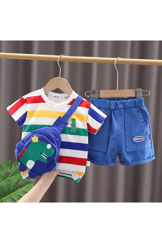 3T Blue Summer Cute Cartoon Dinosaur Fashion Children O-neck T-shirt+Shorts+Bag Toddler Baby Boys Gi
