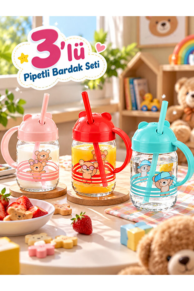 Set of 3 Tedy Bear Cup Glass Cup with Straw - Blue, Powder and Red