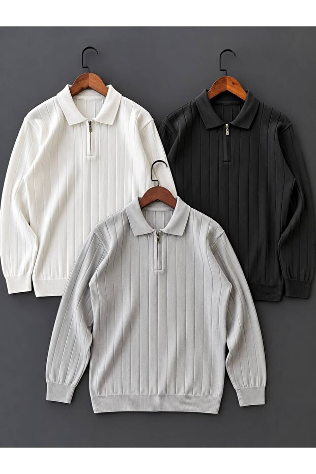 3 Pieces of Striped Knitwear Sweater with Zipper Collar