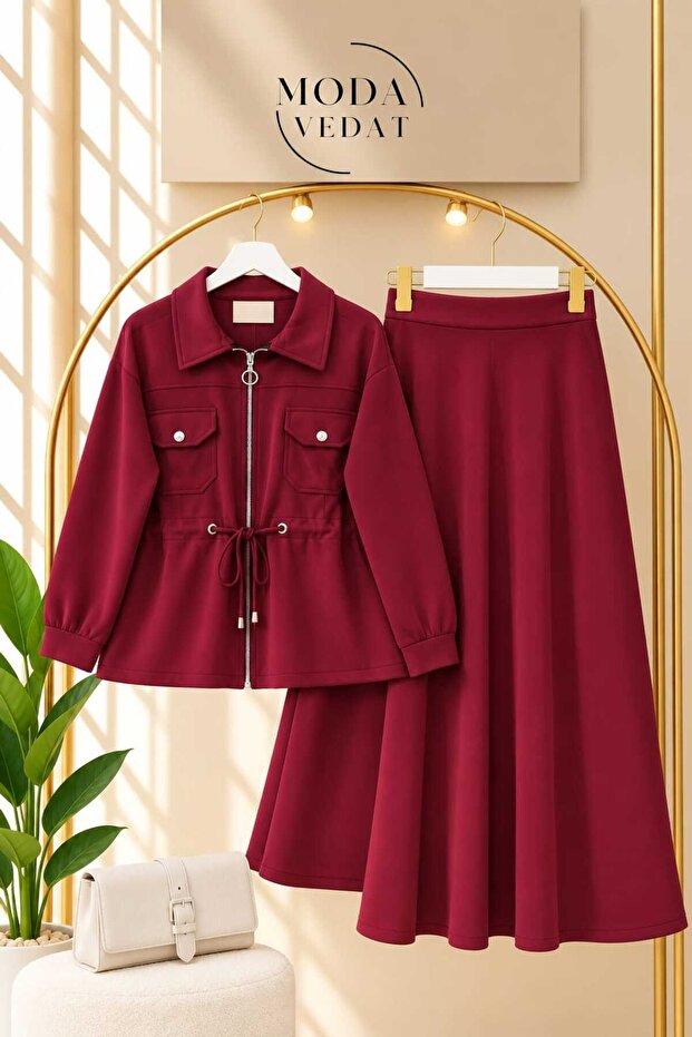 Women's Pocketed Waist Drawstring Puff Scuba Skirt Set -0650