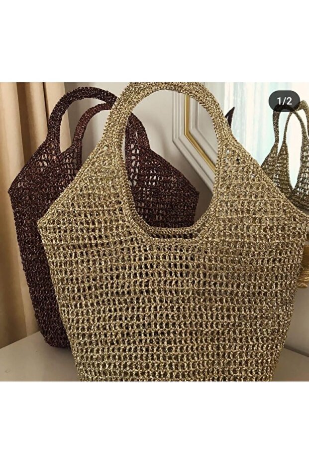 Megahan Boutique Handmade Mesh Knitted Shoulder Bag, Paper String Glitter/Glossy Design Handmade Daily Bag