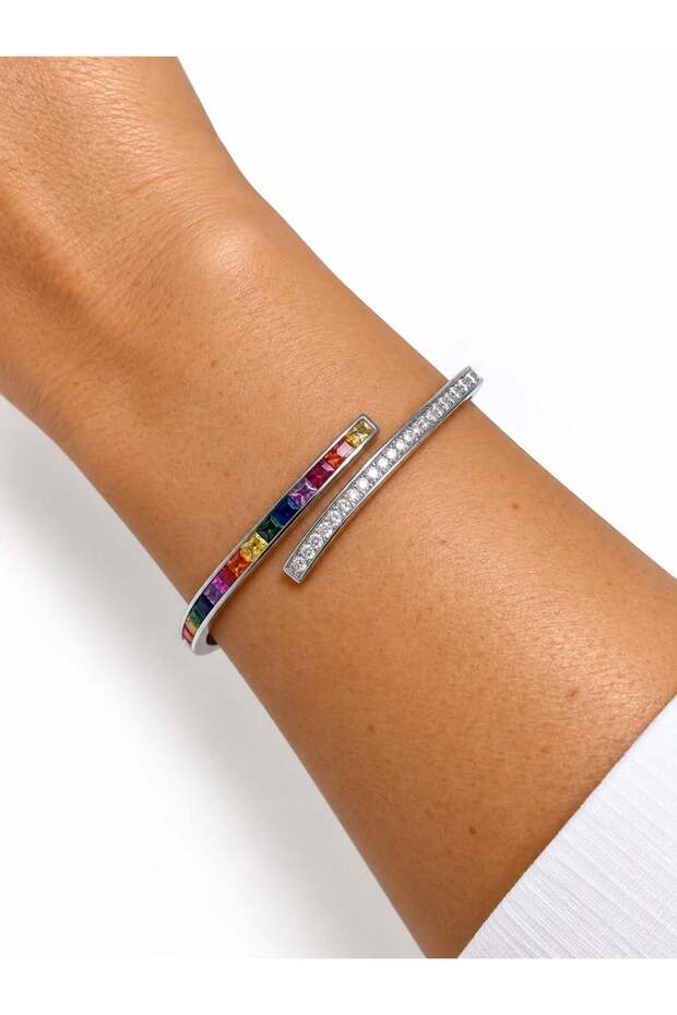 Colorful and Transparent Zircon Stone Open-Ended Silver Bracelet
