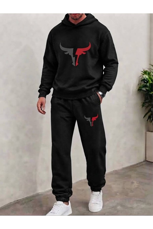 Men's Ox Horn Patterned Black-Red Printed Top and Bottom Tracksuit Set