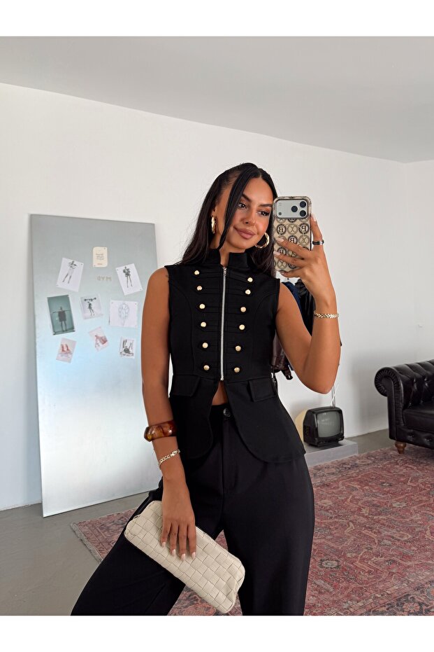 Ornamental Buttoned Zippered Vest - Black