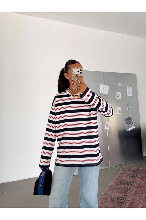 Striped Suprem Basic Sweat - Navy Blue