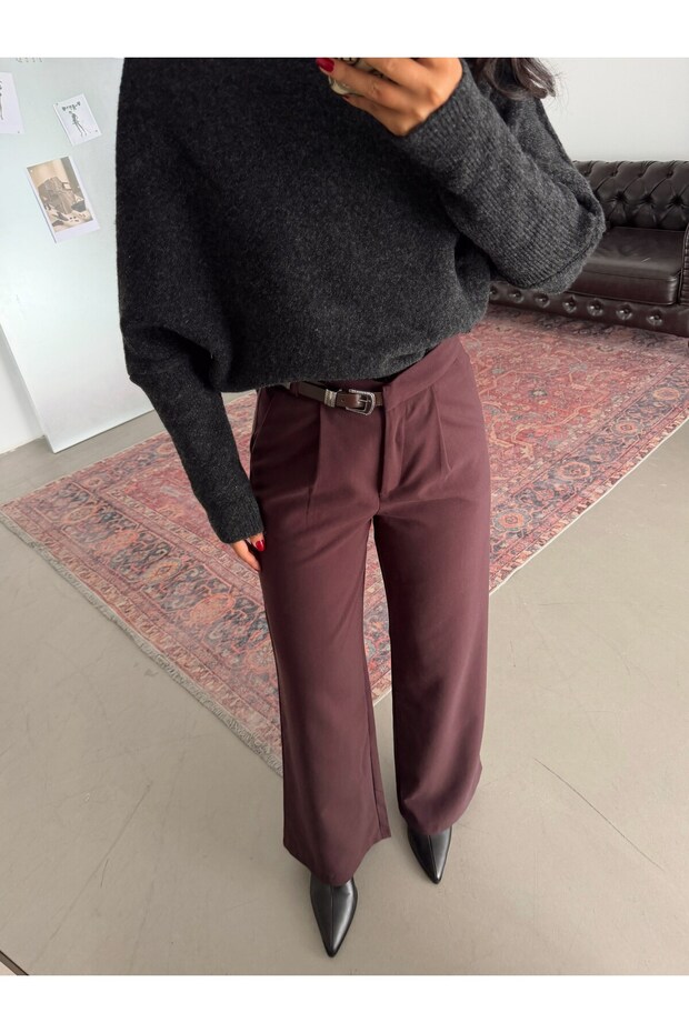 Fabric Trousers with Side Belts - Plum