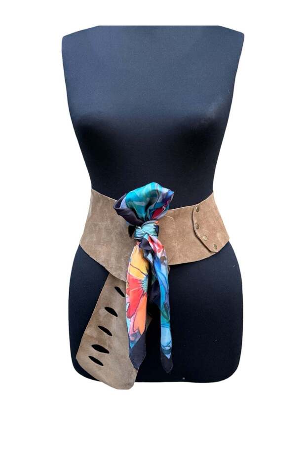 Women's Tan Colorful Scarf Detailed Nubuck Leather Belt - Liora Design Corset Belt - Standard Size