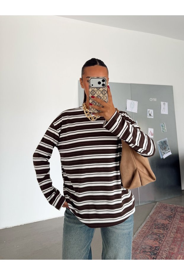 Striped supreme basic sweat - brown