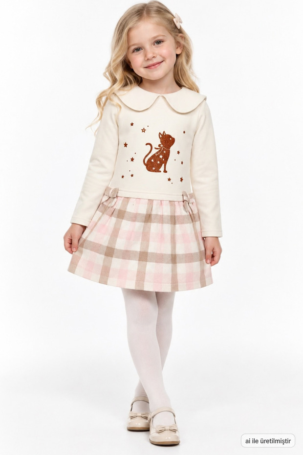 Girl's Dress with 3 Straps, Cat Print, Baby Collar