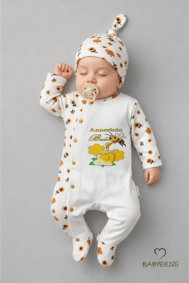 Mother's Honey Written Newborn Baby Romper Hat Set Bee Patterned 100% Cotton Snap Fastener Baby Romper